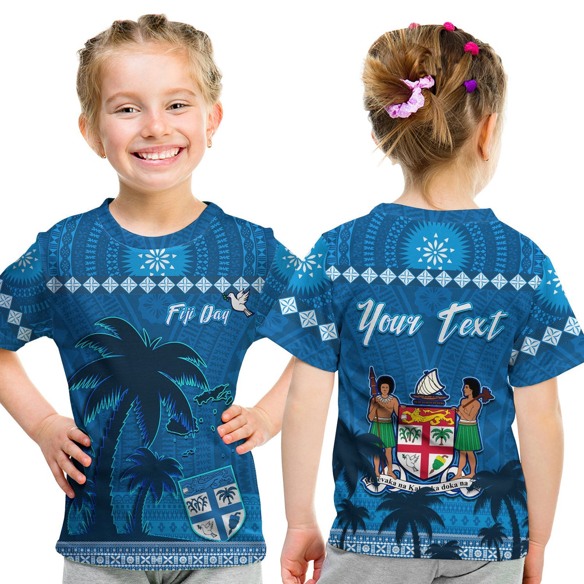 Blue Fiji Day T-shirt with palm art and 'Fiji Day', plus 'Your Text' back crest