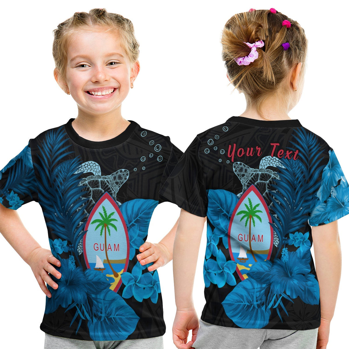 Custom Guam Seal T Shirt KID Polynesian Turtle with Flowers Version Blue LT13 - Wonder Print Shop