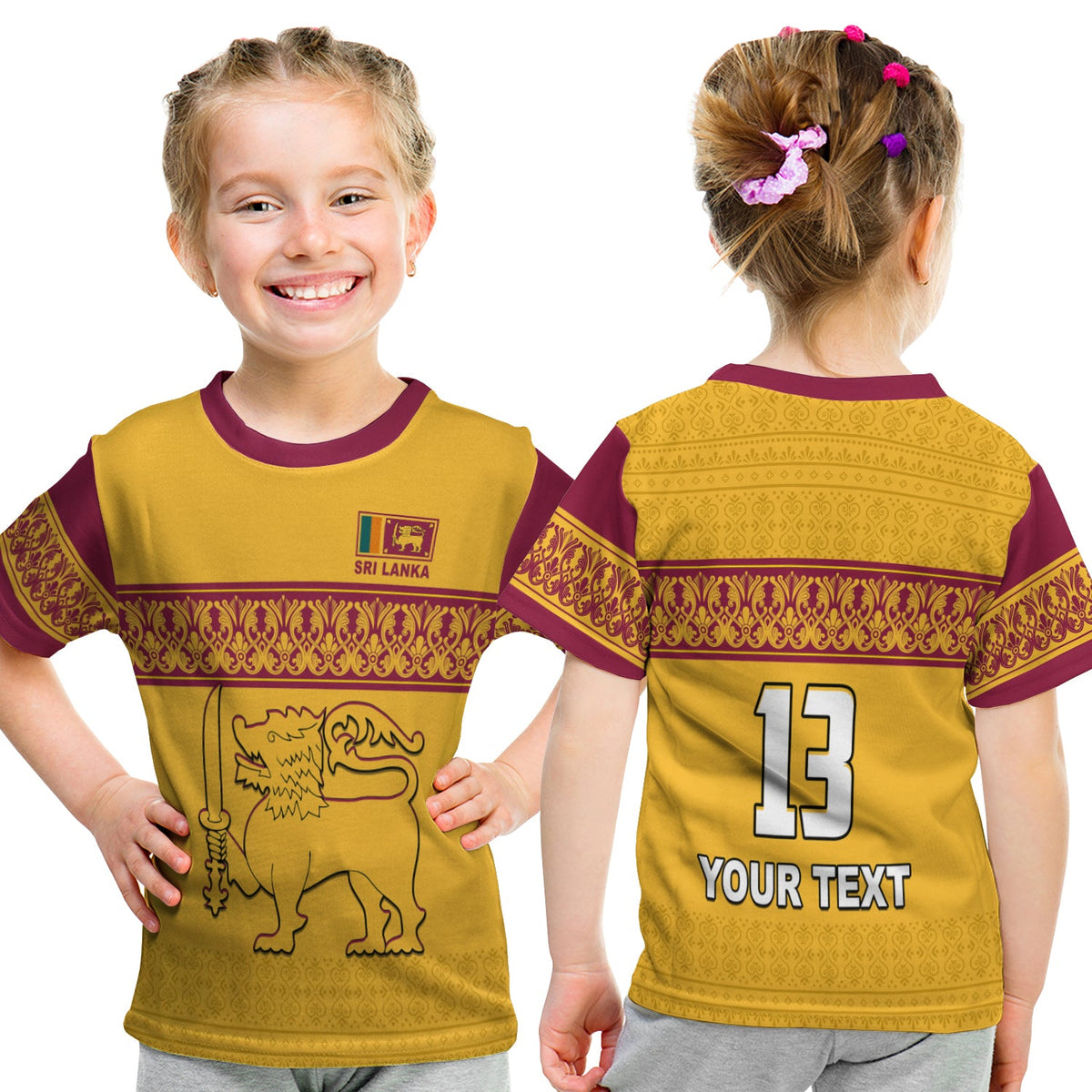 (Custom Text and Number) Sri Lanka T Shirt KID Traditional Pattern and Lion Flag LT13 - Wonder Print Shop
