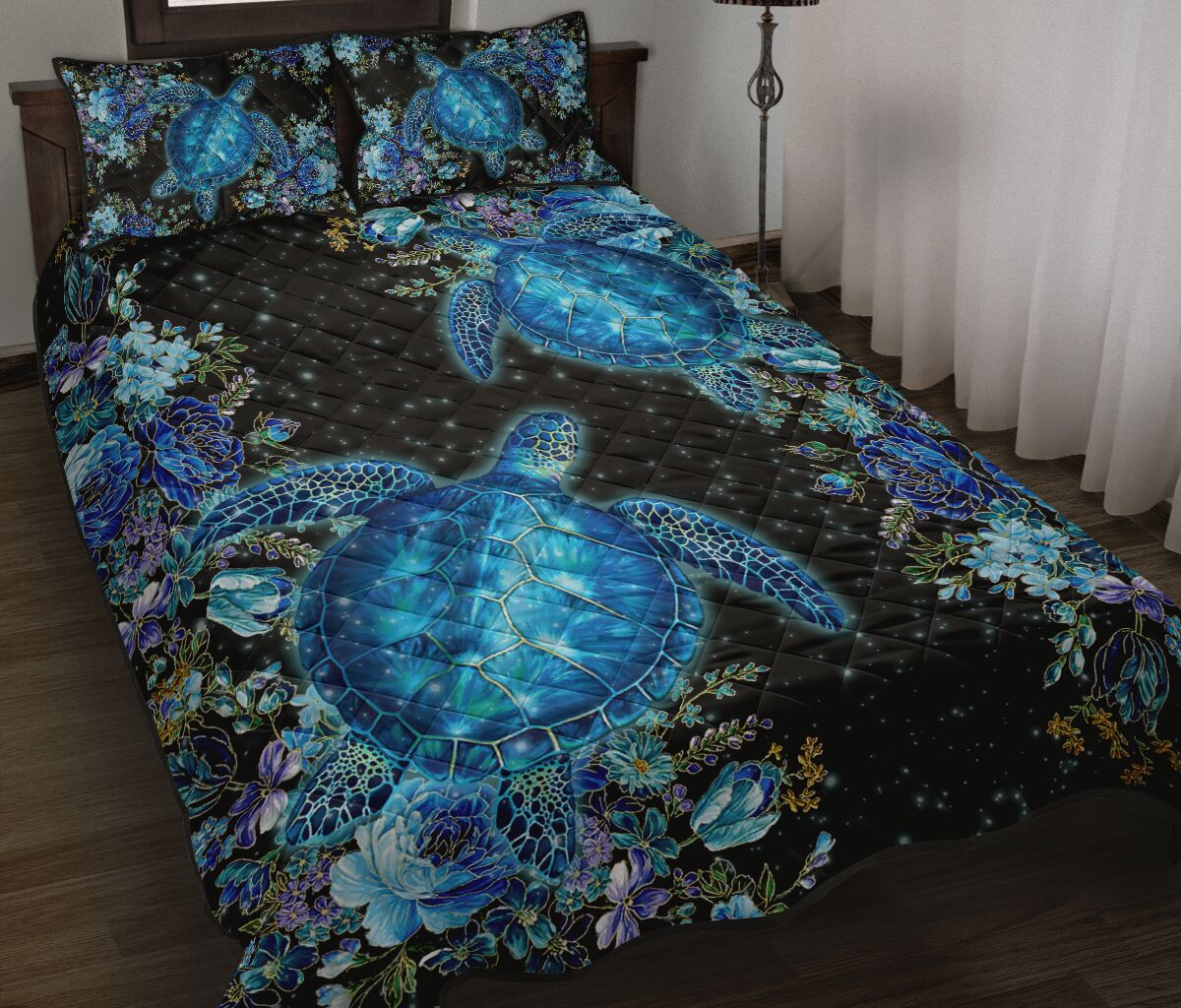 Hawaii Blue Turtle Flower Quilt Bed Set - Sea Bling - Wonder Print Shop