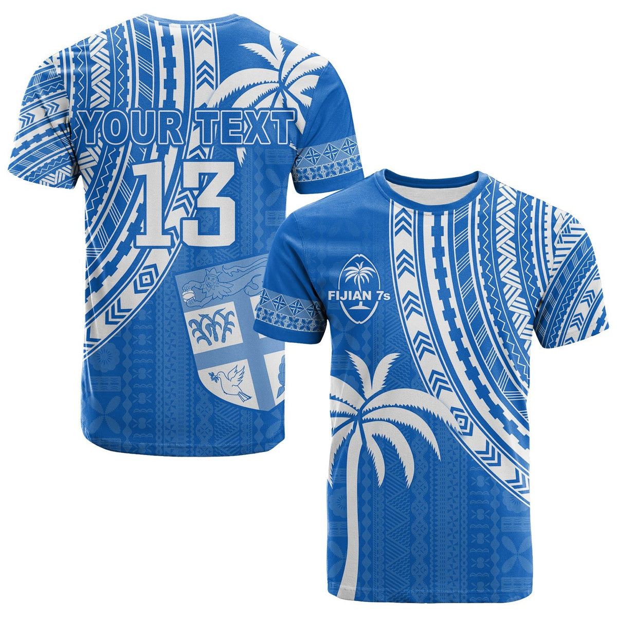 Custom Text and Number Fiji Rugby Sevens T Shirt Fijian 7s Tapa Polynesian Blue Ver.01 LT13 - Wonder Print Shop