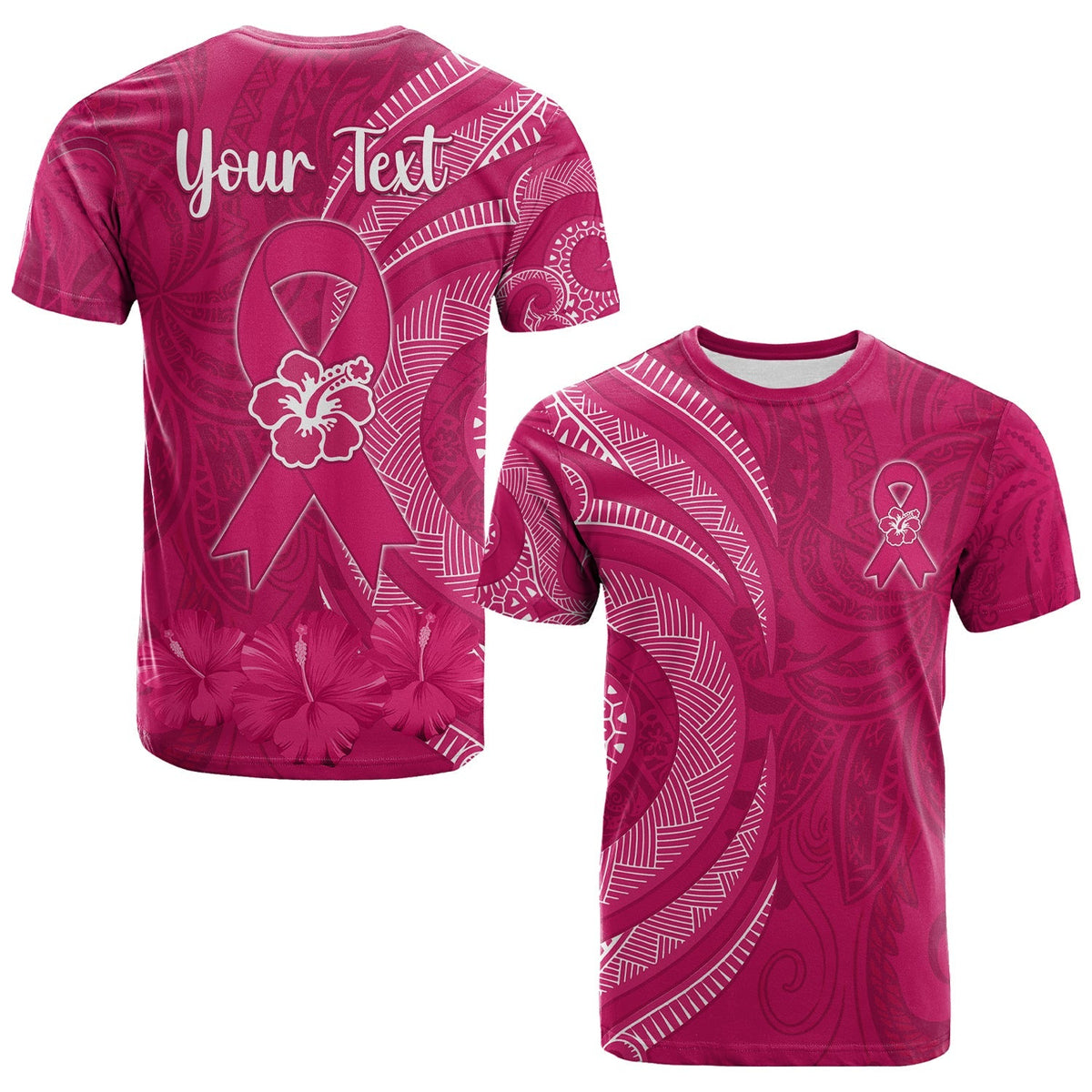 Custom Breast Cancer Awareness T Shirt Hibiscus Polynesian No One Fights Alone LT13 - Wonder Print Shop