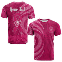 Pink awareness T-shirt with ribbon, hibiscus flowers, and 'Your Text' back print