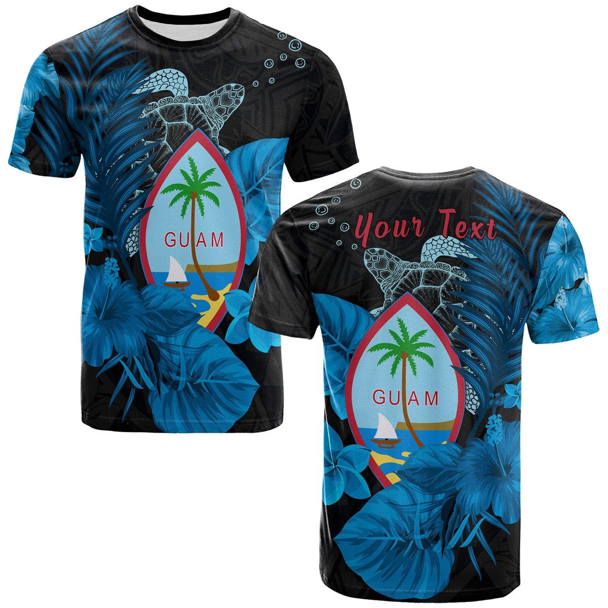 Custom Guam Seal T Shirt Polynesian Turtle with Flowers Version Blue LT13 - Wonder Print Shop