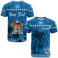 Blue Fiji Day T-shirt with crest graphic and custom 'Your Text' on blue patterned front