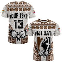 Rugby-style T-shirt, white with brown tapa pattern, 'YOUR TEXT' and large '13' on back.