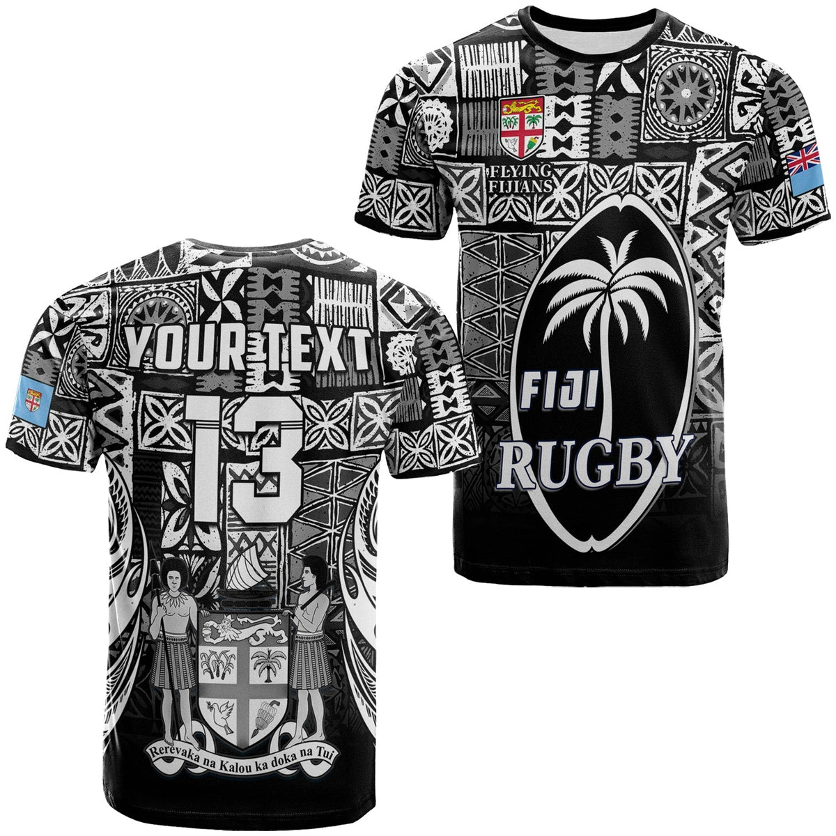 Custom Fiji Rugby T Shirt Flying Fijians Black Tapa Pattern LT13 - Wonder Print Shop