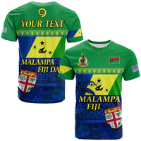 Green T-shirt with back graphic: Your Text, Malampa Fiji Day, flags & floral print