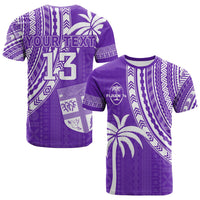 Purple rugby sevens T-shirt with custom YOUR TEXT and number 13, tapa graphic back