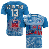 Blue Samoan rugby T-shirt showing 'TA SAMOA' front and 'YOUR TEXT 13' back