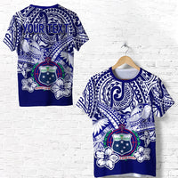 Blue Samoa Polynesian T-shirt with turtle and crest graphic on front, custom text