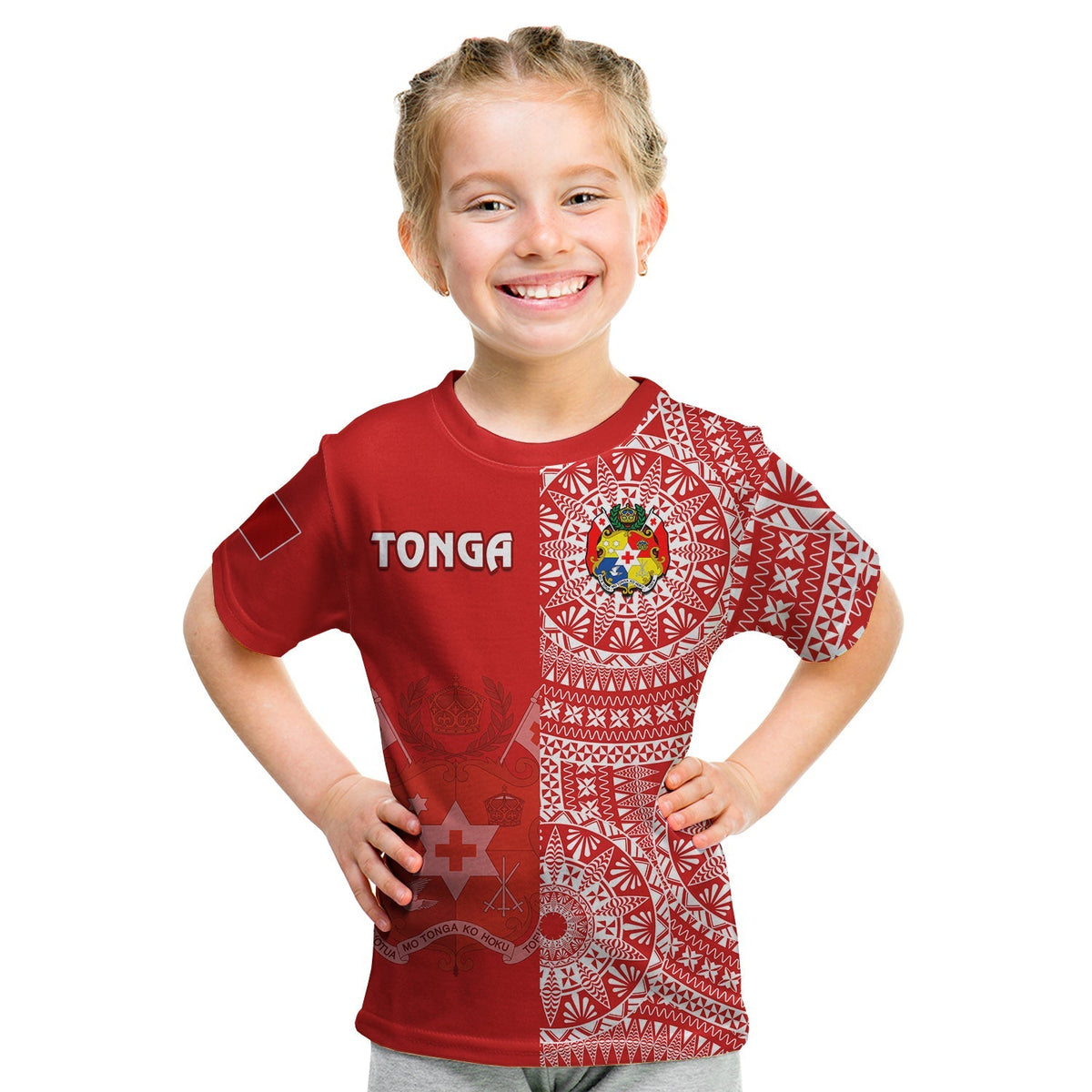 Custom Text And Number Tonga T Shirt KID Tongan Coat Of Arms Ngatu Pattern - Wonder Print Shop