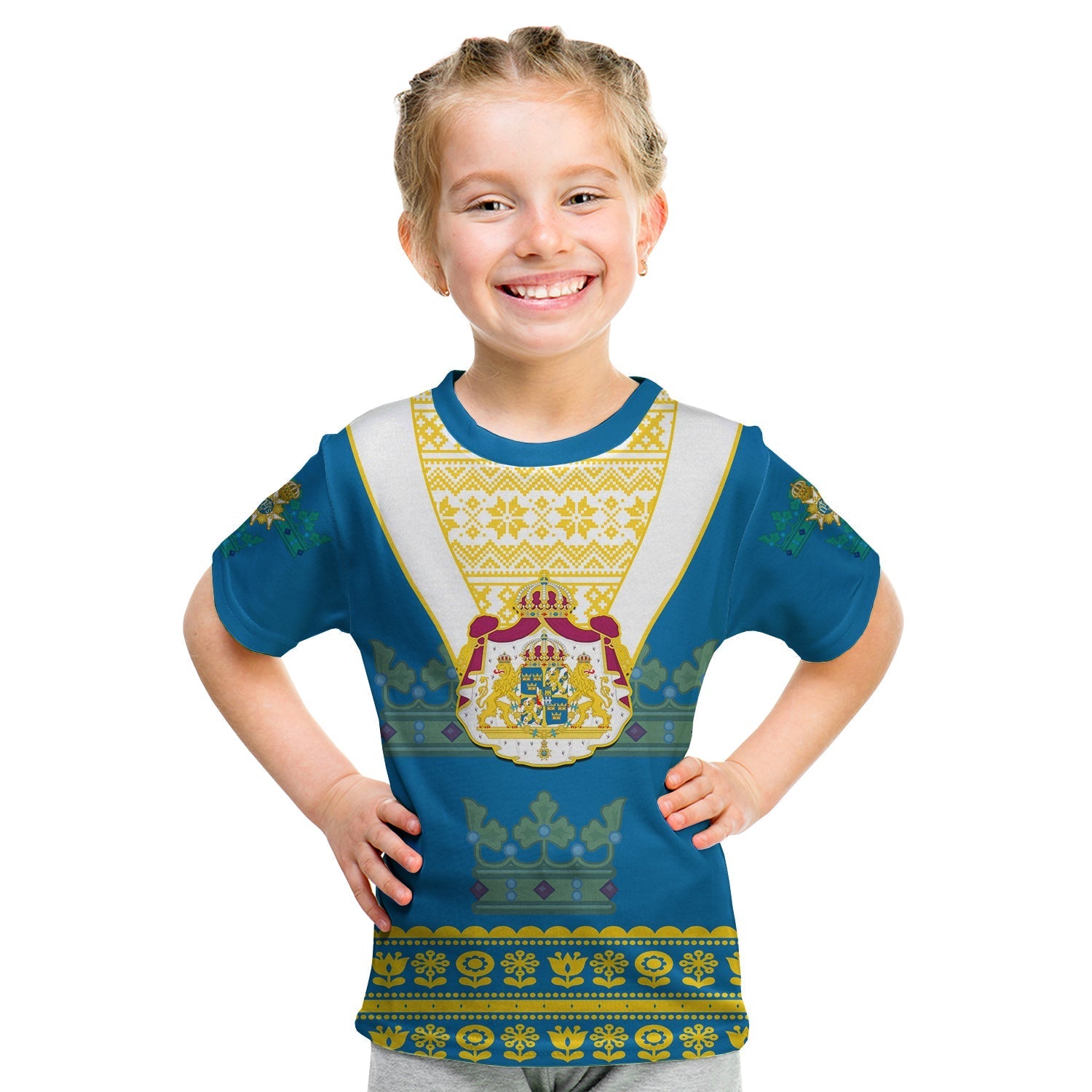 Sweden T shirt KID Swedish Coat Of Arms With Scandinavian Flowers - Wonder Print Shop