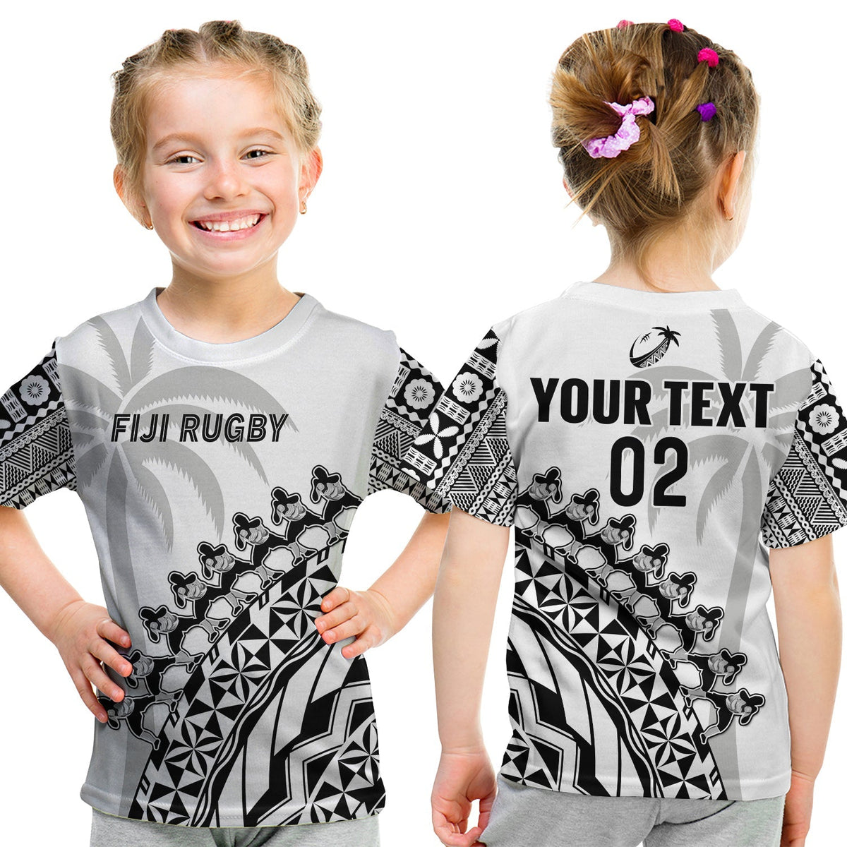 Kids white rugby T-shirt with FIJI RUGBY front print and black/gray tribal side pattern