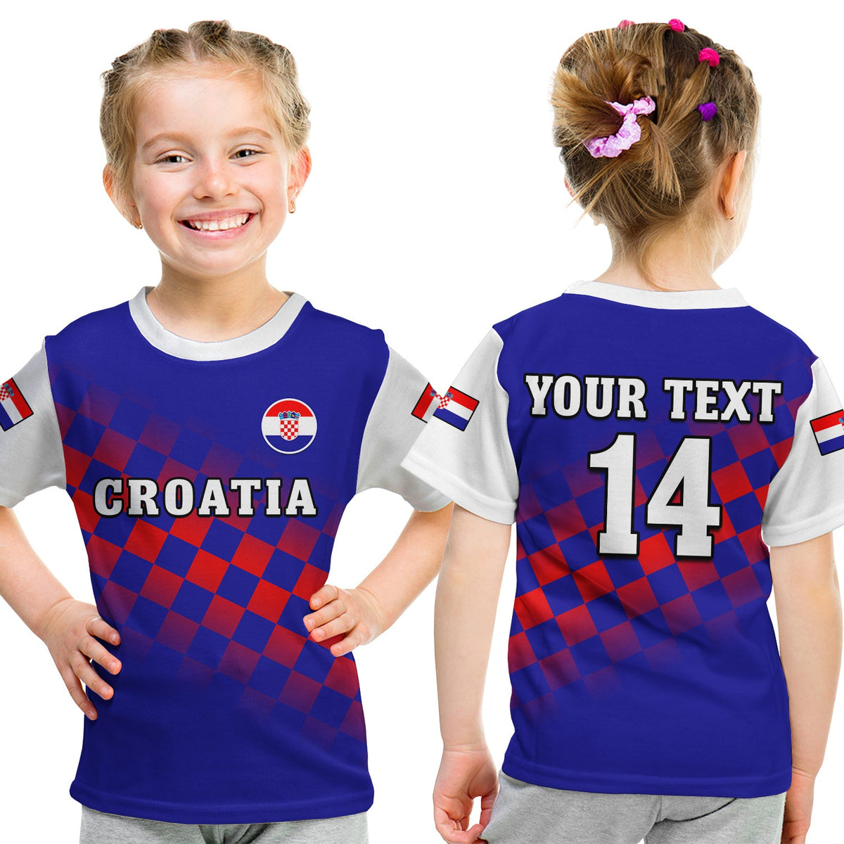 (Custom Text And Number) Croatia Football T Shirt KID Hrvatska Checkerboard Blue Version - Wonder Print Shop