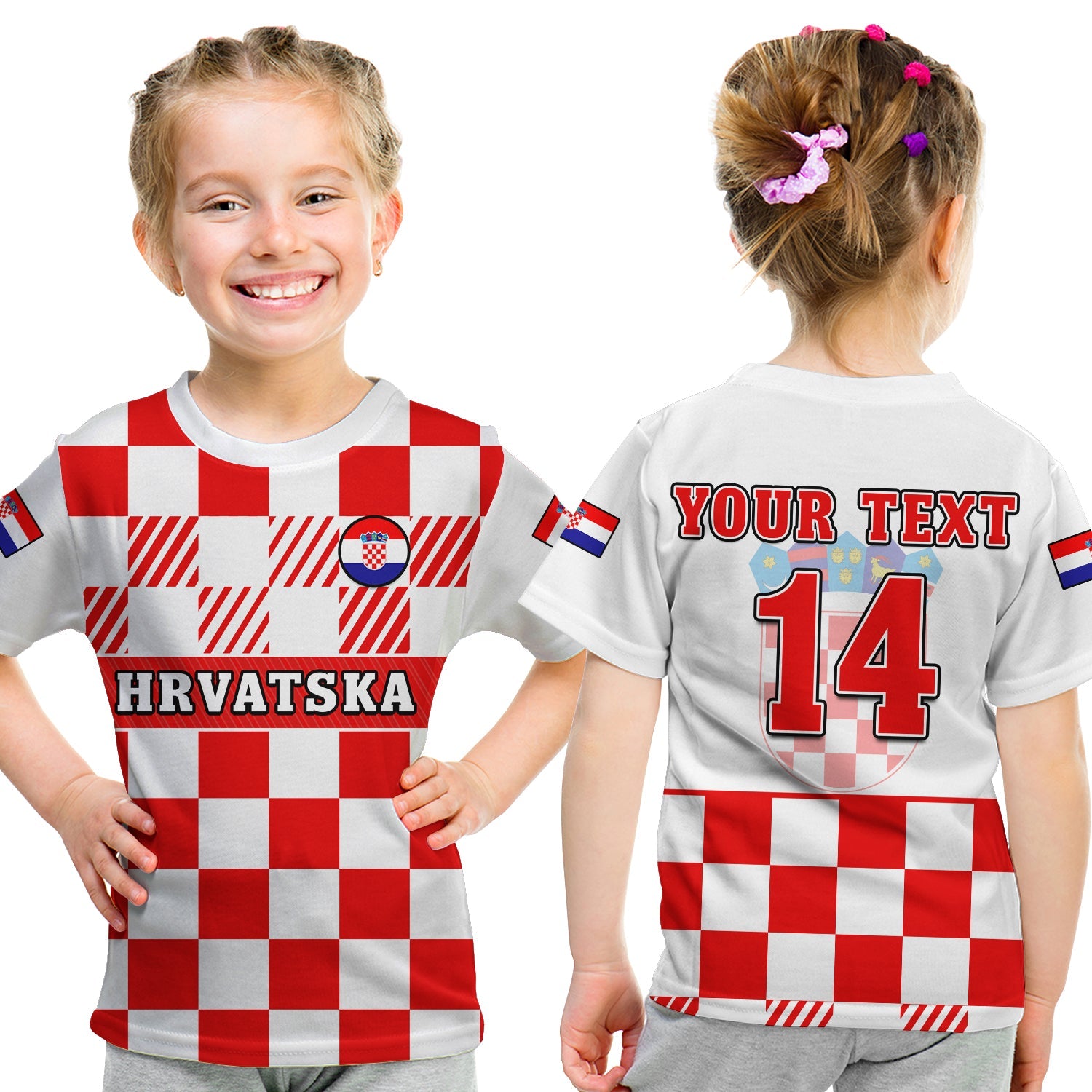 (Custom Text And Number) Croatia Football T Shirt KID Hrvatska Checkerboard Red Version - Wonder Print Shop