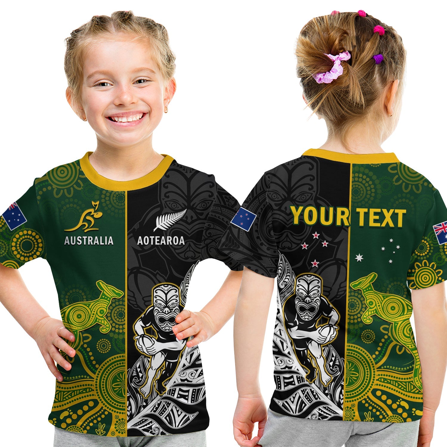 (Custom Personalised) Australia Rugby Mix Aotearoa Rugby T Shirt KID Wallabies All Black Special Version - Wonder Print Shop