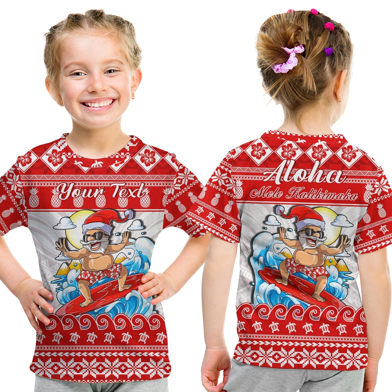 Custom Personalised Hawaii Christmas T Shirt KID Surfing Santa Mele Kalikimaka Polynesian - Wonder Print Shop
