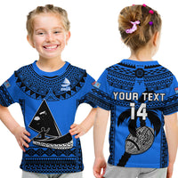 Kids blue rugby T-shirt with tribal pattern yoke and large front graphic