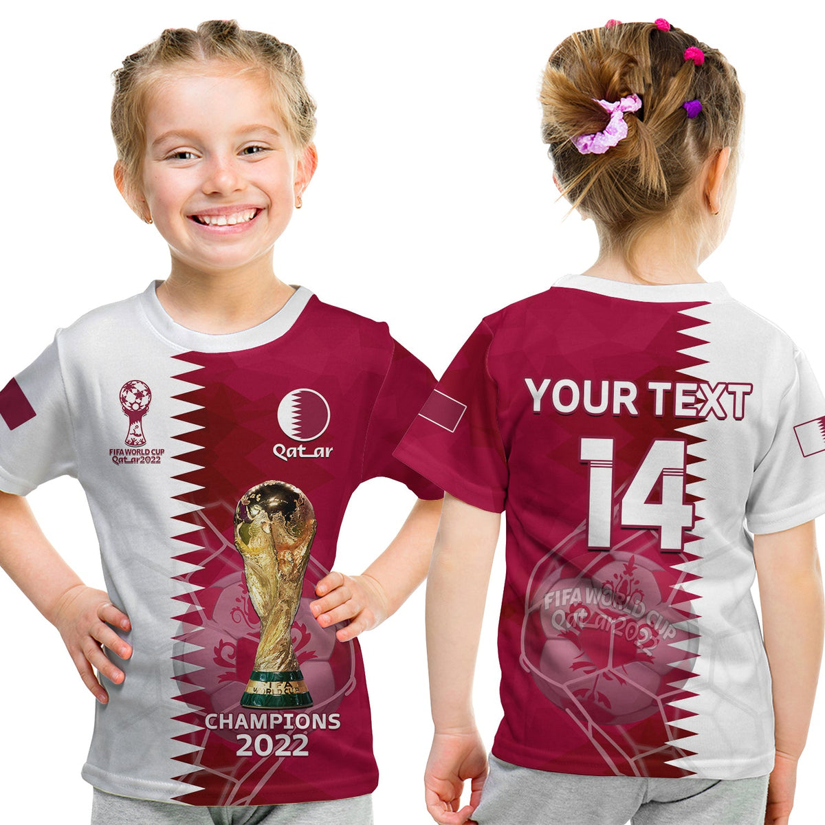 (Custom Text And Number) Qatar Football T Shirt KID Annabi Champions Proud WC 2022 - Wonder Print Shop