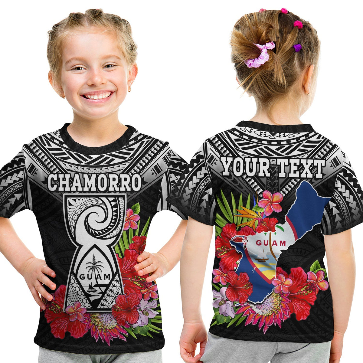 Custom Personalised Guam Chamorro T Shirt KID Guaman Latte Stone Tropical Flowers Black Style - Wonder Print Shop