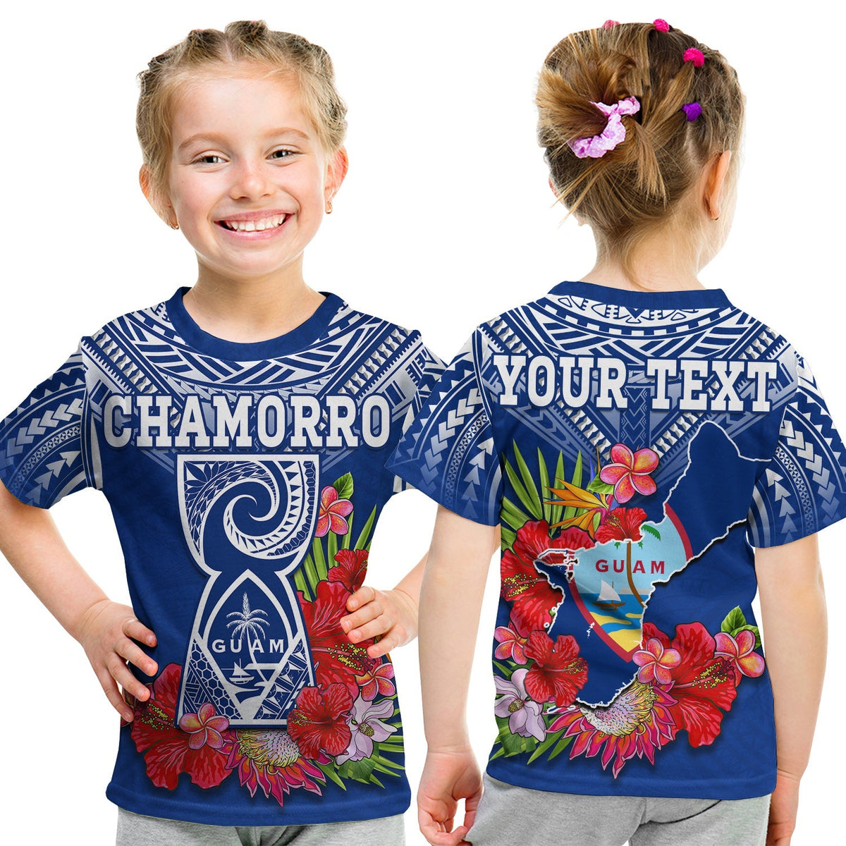 Custom Personalised Guam Chamorro T Shirt KID Guaman Latte Stone Tropical Flowers Blue Version - Wonder Print Shop