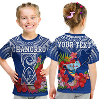 Custom Personalised Guam Chamorro T Shirt KID Guaman Latte Stone Tropical Flowers Blue Version - Wonder Print Shop