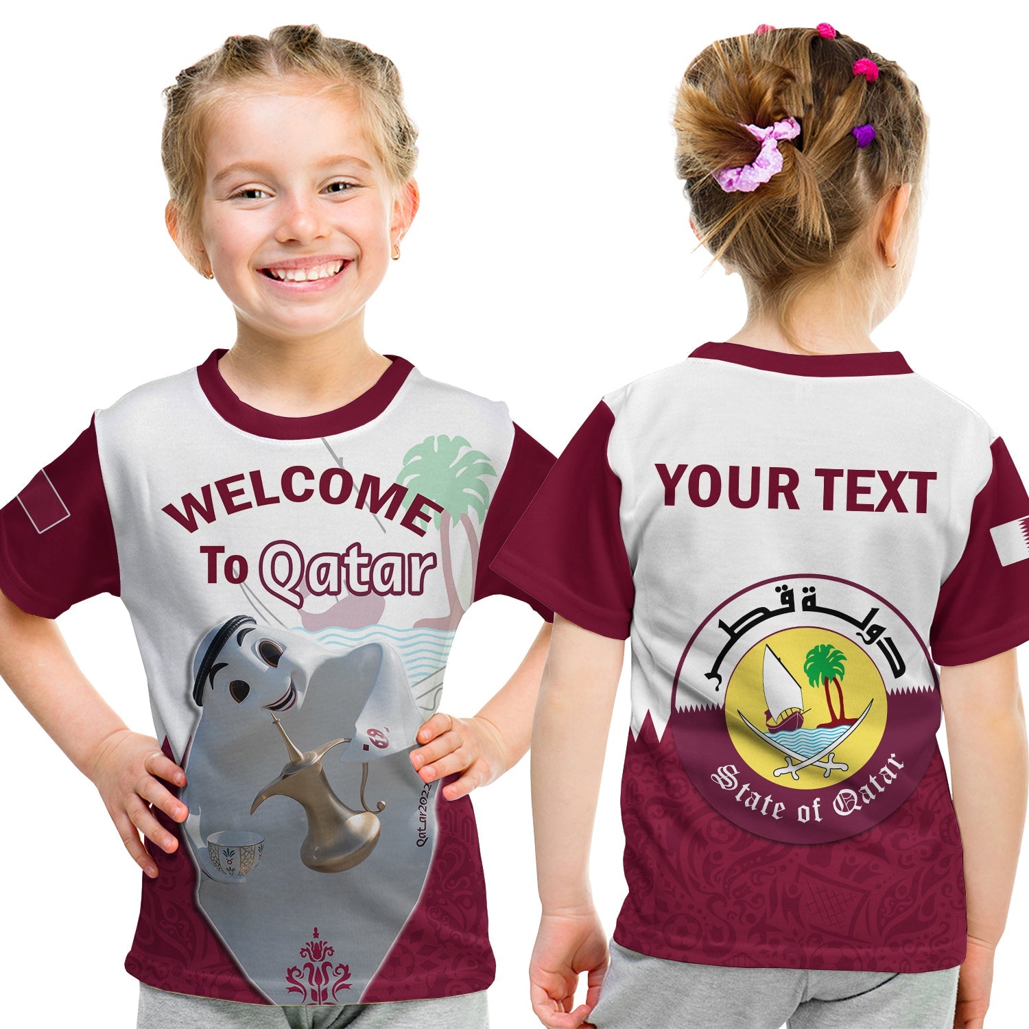 (Custom Personalised) Qatar T Shirt KID Laeeb Mascot World Cup 2022 Welcome To Qatari - Wonder Print Shop