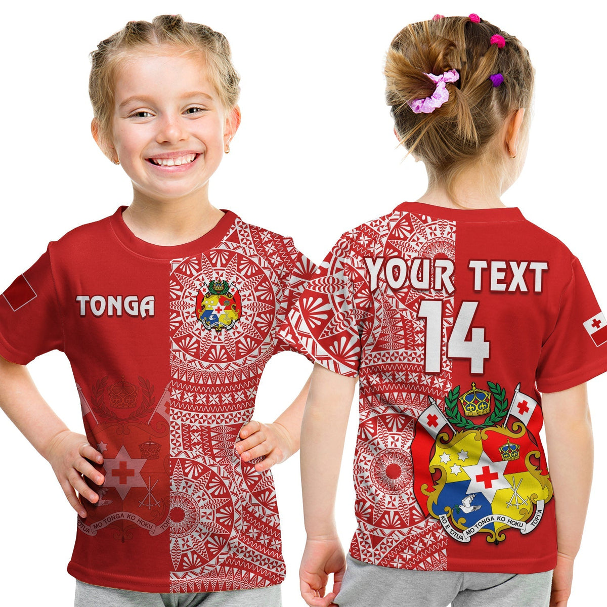 Custom Text And Number Tonga T Shirt KID Tongan Coat Of Arms Ngatu Pattern - Wonder Print Shop