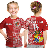 Custom Text And Number Tonga T Shirt KID Tongan Coat Of Arms Ngatu Pattern - Wonder Print Shop