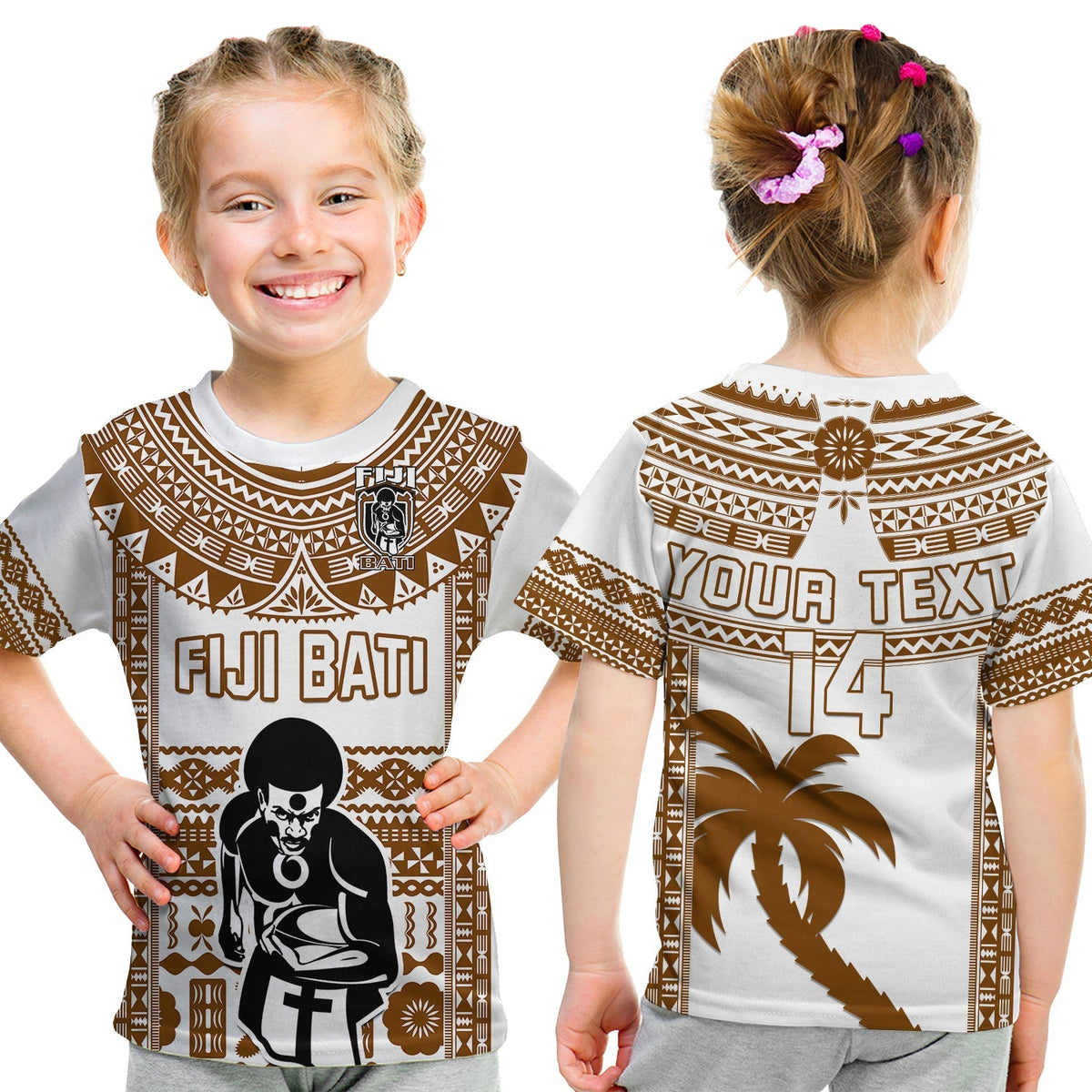 Custom Text And Number Fiji Rugby T Shirt KID Pacific The Bati Brown Fijian Tapa - Wonder Print Shop