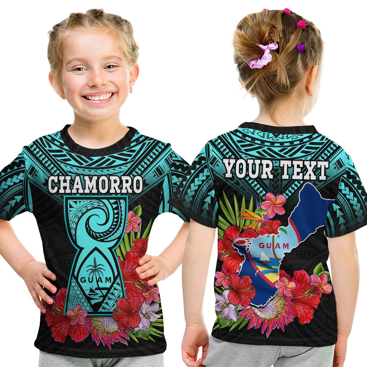 Custom Personalised Guam Chamorro T Shirt KID Guaman Latte Stone Tropical Flowers Turquoise Style - Wonder Print Shop