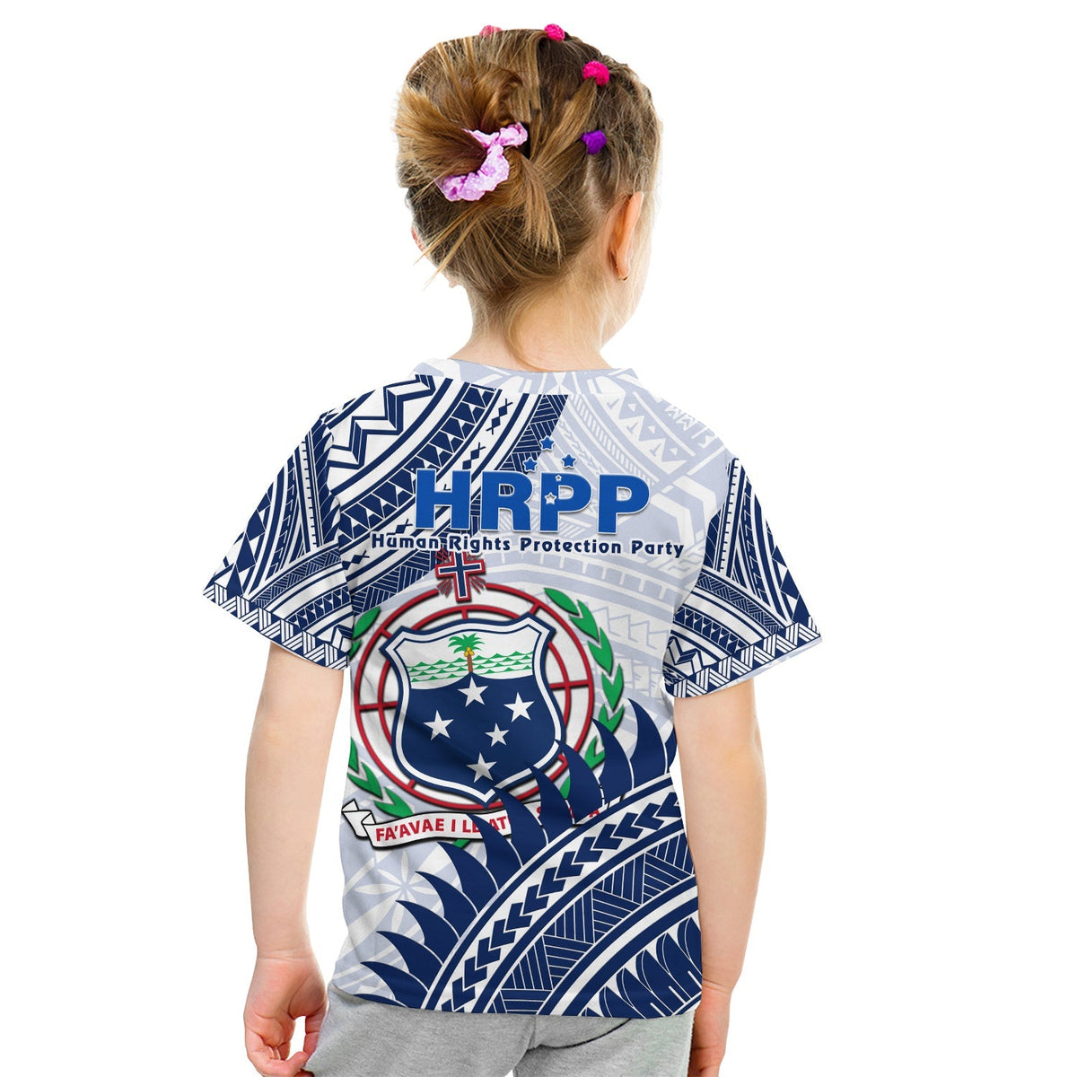 Samoan coat of arms graphic T-shirt, white back view with HRPP logo and navy tribal print