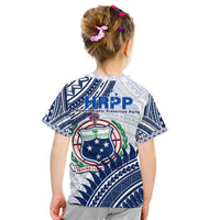 Samoan coat of arms graphic T-shirt, white back view with HRPP logo and navy tribal print
