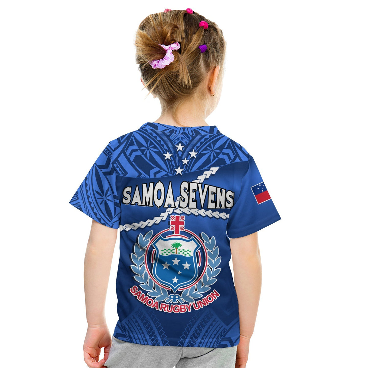 Samoa Rugby T Shirt Manu Samoa Polynesian Hibiscus Blue Style - Wonder Print Shop