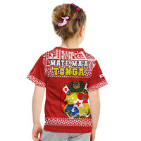 Red rugby-style T-shirt for kids, back view with crest graphic and white patterned trim
