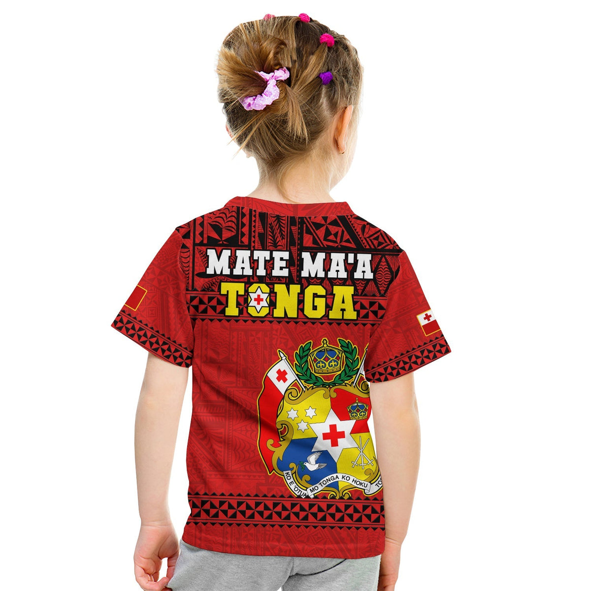 Kids Tonga rugby t-shirt, red back with Mate Maa Tonga logo and Tongo crest shield
