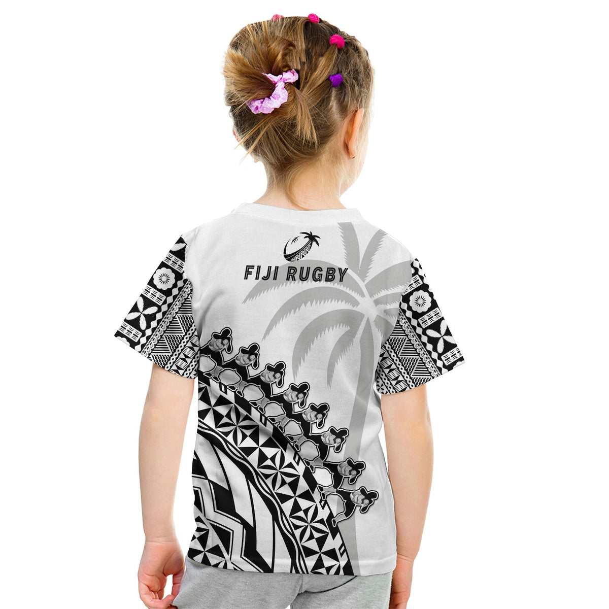 Kids rugby T-shirt, back view, 'FIJI RUGBY' print with palm and black geometric pattern