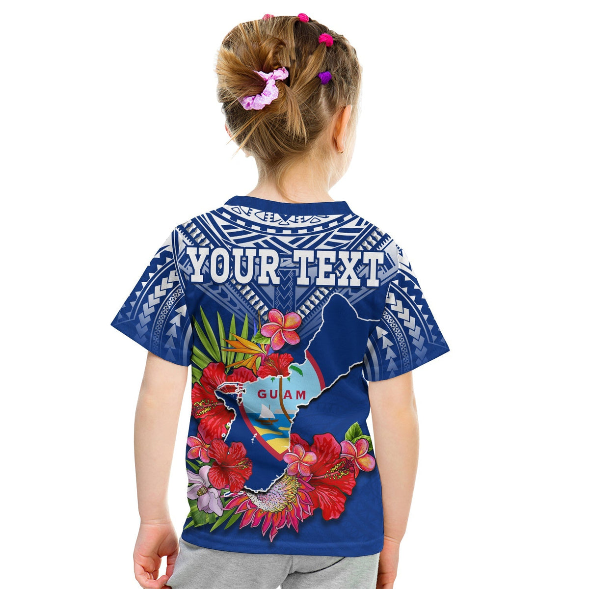 Custom Personalised Guam Chamorro T Shirt KID Guaman Latte Stone Tropical Flowers Blue Version - Wonder Print Shop