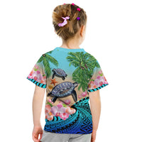 Kids turquoise T-shirt back with turtle and palm tree graphics, orchid flowers