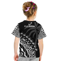 Kids black rugby T-shirt, back view, Fiji Rugby text with tapa pattern