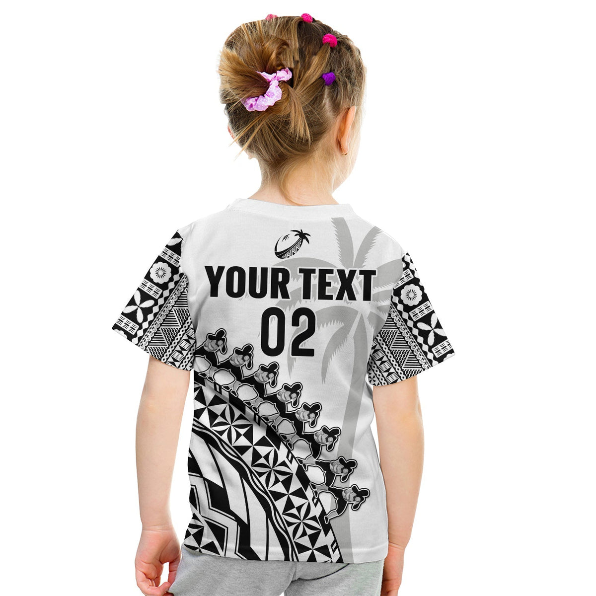 Kids rugby T-shirt, light gray with back YOUR TEXT 02 and black tribal print