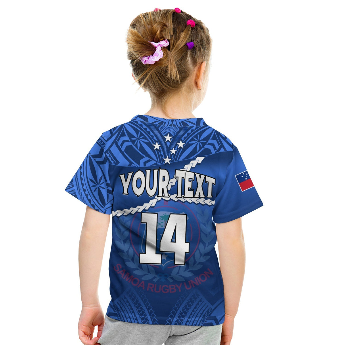(Custom Text And Number) Samoa Rugby T Shirt KID Manu Samoa Polynesian Hibiscus Blue Style - Wonder Print Shop
