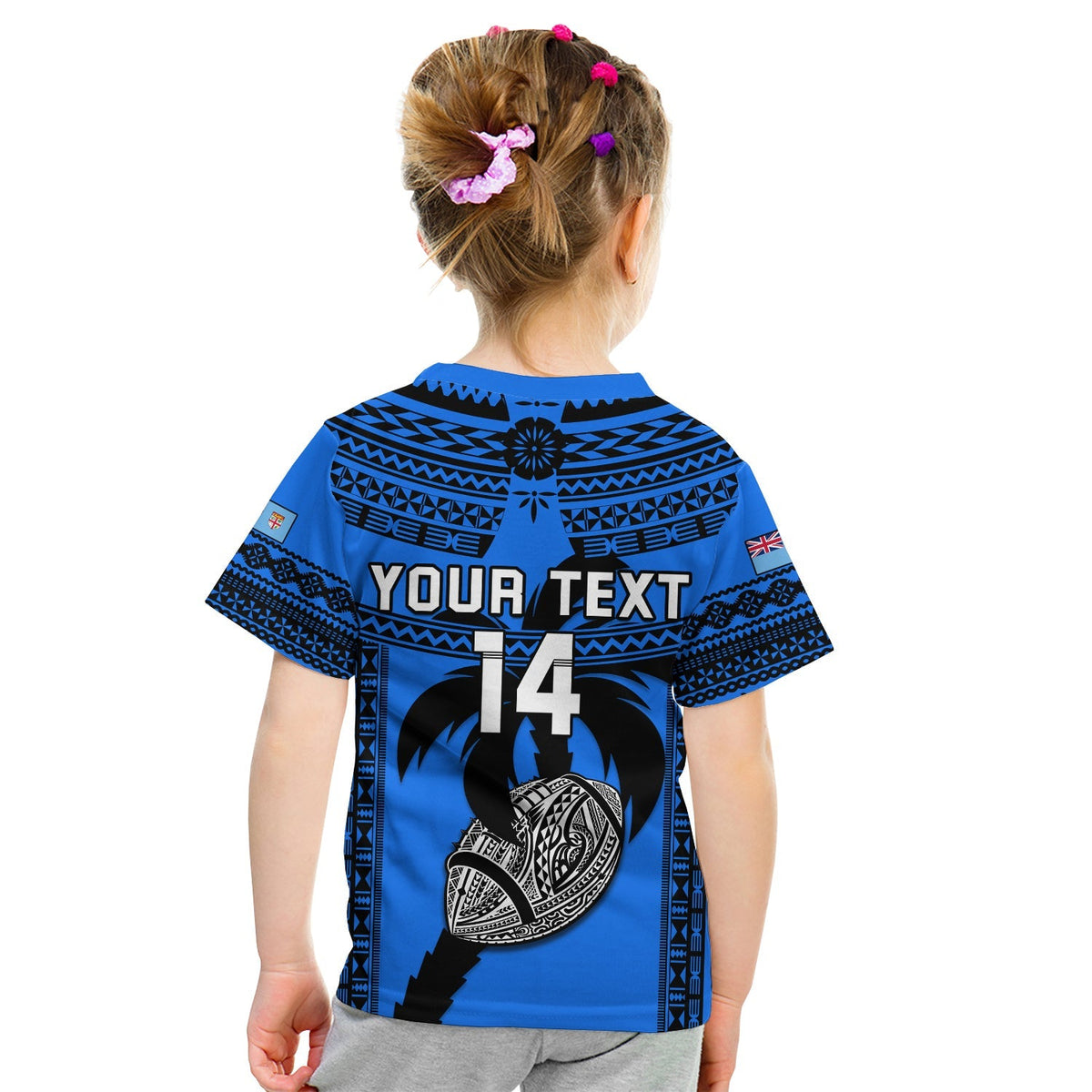 Kids blue rugby T-shirt back with tribal print and large heart number 14 graphic