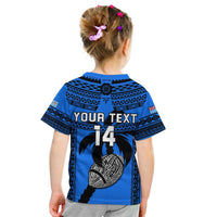 Kids blue rugby T-shirt back with tribal print and large heart number 14 graphic