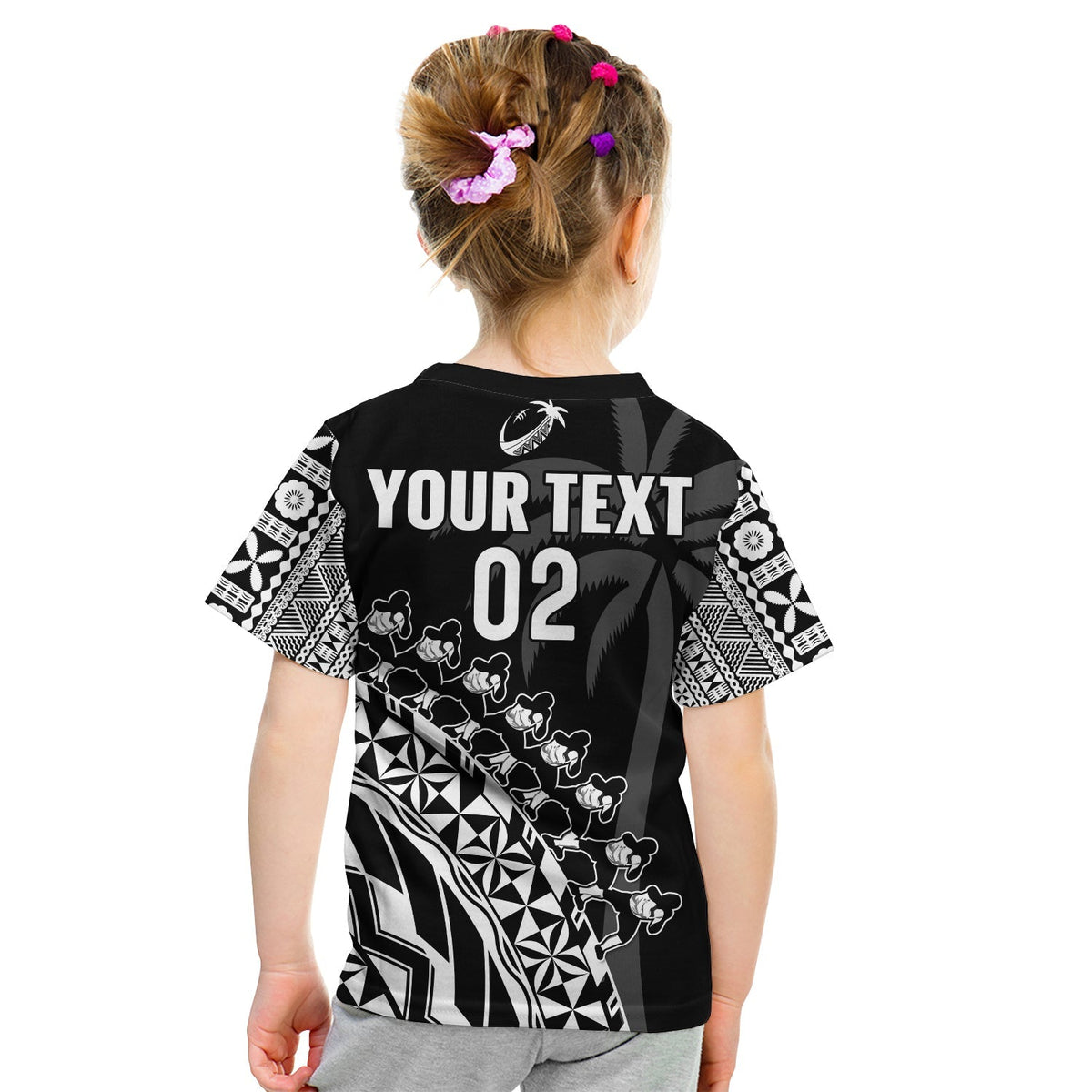 Kids black rugby T-shirt back with white tribal graphics, YOUR TEXT and 02