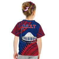 Blue graphic T-shirt back with F.A.S.T flag emblem, white building panel and red tribal waves
