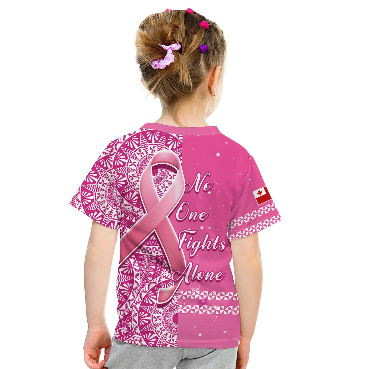 Pink breast cancer awareness T-shirt with large ribbon and 'No One Fights Alone' on back