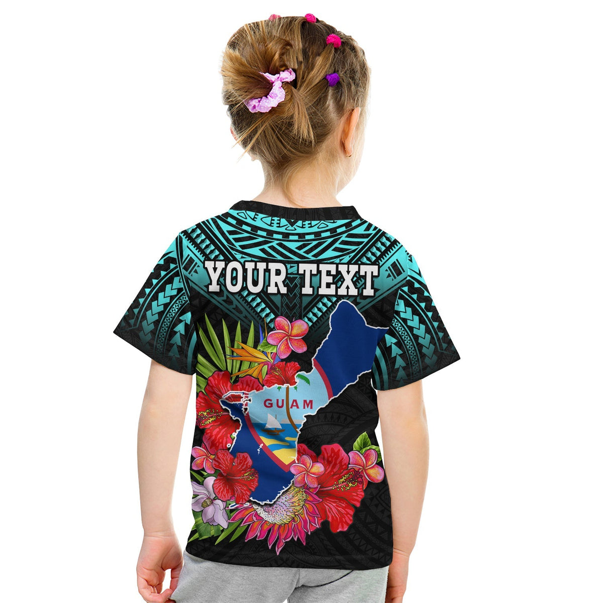Kids turquoise and black T-shirt with 'YOUR TEXT' and Guam map graphic on back.