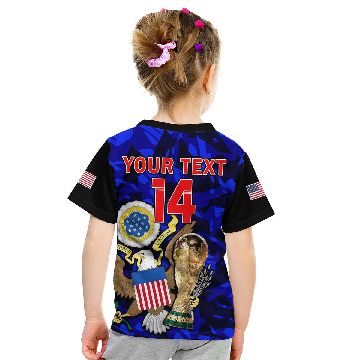 Kids football T-shirt, blue and black back print with “YOUR TEXT”, number 14, and flags